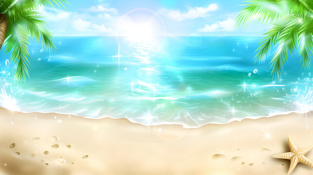 Summertime illustration with copy space. Beach, seawater, sand and Seastar.
