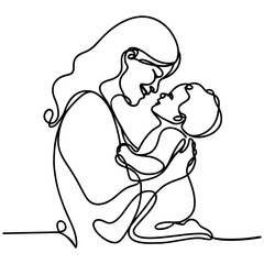 Minimalistic silhouette of woman holding baby. Mother and child. One line art. Vector
