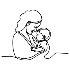 Minimalistic silhouette of woman holding baby. Mother and child. One line art. Vector