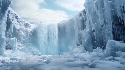 AI-generated photographers capturing the mesmerizing beauty of frozen waterfalls cascading down icy...