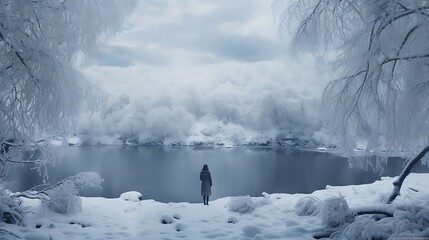 AI-generated poets composing haikus inspired by the tranquility of winter, capturing the essence of snowy landscapes and the silence that blankets the world in a few succinct lines - obrazy, fototapety, plakaty