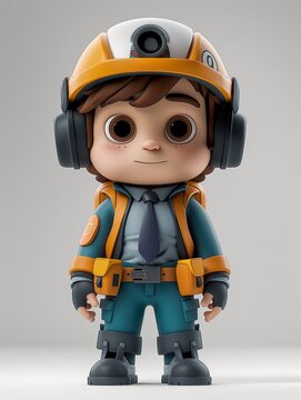 cartoon cute boy wearing a blue suit and tie with a helmet on his head