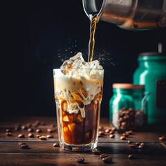 A refreshing glass of iced coffee with milk being poured