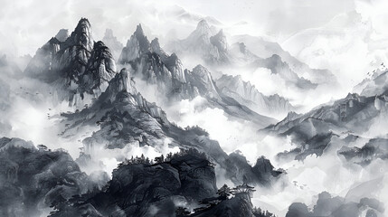 Set of mountains hand drawn with ink, generative Ai