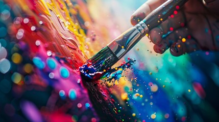 An up-close, dynamic image of a paintbrush splattering a spectrum of colorful paint, symbolic of creativity - obrazy, fototapety, plakaty