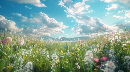 A breathtaking view of a spring meadow abundant with vibrant grass and wildflowers, basking under a clear and expansive sky.