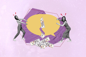 Composite sketch photo collage of two young lady hold friends talk together pull hold in hands text box talk cloud chat get money dollar