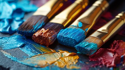 Fototapeta premium Oil paints and paint brushes on a palette