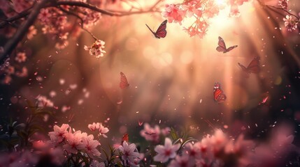 Dreamy Pink Sakura Garden with Graceful Butterflies in Full Bloom under Soft Sunlight