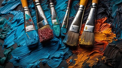 Oil paints and paint brushes on a palette - obrazy, fototapety, plakaty