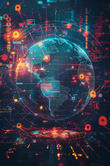 A visual representation of global security through a digital globe surrounded by cybersecurity icons and network data flows.