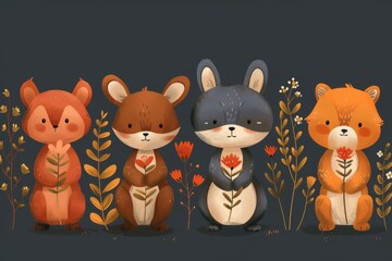 Fairytale cartoon animals with flowers, vector style