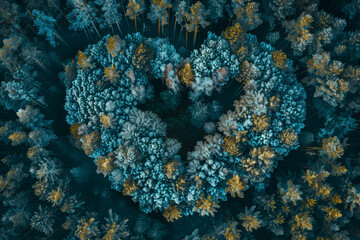 Fototapeta premium Top-down view of a forest with a love shape symbol