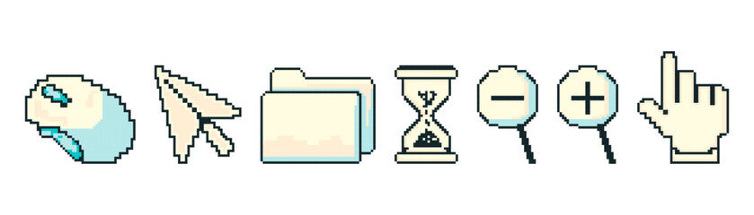 Trending set in pixel art style. Cursor, computer mouse, folder, hourglass, arrow, pointers, magnifying glass, hand. Vector 8-bit retro illustration for social networks, banners, stickers, templates, 