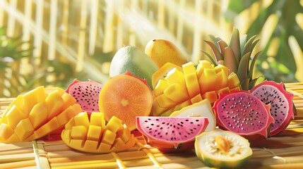 A vibrant still life of sliced dragonfruit, starfruit, mango, and passionfruit, arranged in a geometric mosaic on a woven bamboo mat