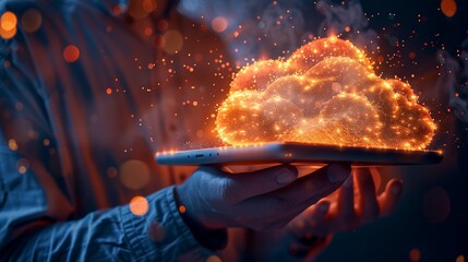 A hand emerges from the darkness, holding a tablet that projects a luminous cloud, symbolizing cloud computing and data storage
