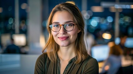 A young smiling woman with glasses in a modern office, illustrating professionalism and friendliness