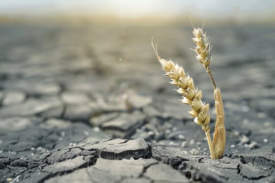 A single withered ear of wheat on a scorched battlefield, with stock market tickers scrolling across the barren landscape
