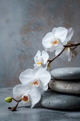 Luxurious spa setting, white orchid elegance, peaceful stone balance