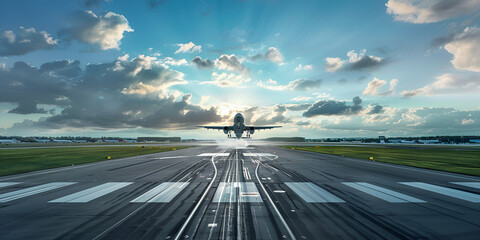 Airport runway number 28 and airplane take off with son   background - obrazy, fototapety, plakaty