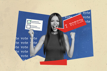 Collage 3d image of pinup pop retro sketch of excited female scream i voted hold bulletin election...