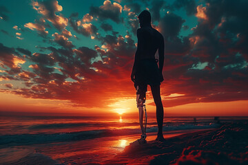 Silhouette of a man with a prosthetic leg standing on a beach at sunset