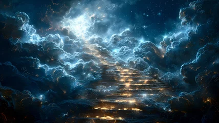 Foto op Plexiglas Stairs to the sky - stairway to heaven in blue clouds, entrance to the afterlife concept © Kondor83