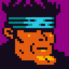 Brutal man with big chin and headband pixel art male character 8-bit 80-s, avatar, cartoon vector icon, game user, web profile persons, people, social net portrait, man face, minimalistic style.