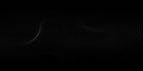 Flowing dots particles wave pattern 3D curve halftone black curve shape isolated on transparent background.