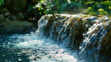 Close view of clean water in a forest cascade de Bis in Guadeloupe Caribbean islands