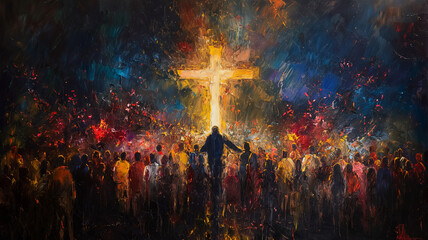A painting of a crowd of people with a large cross in the middle - obrazy, fototapety, plakaty