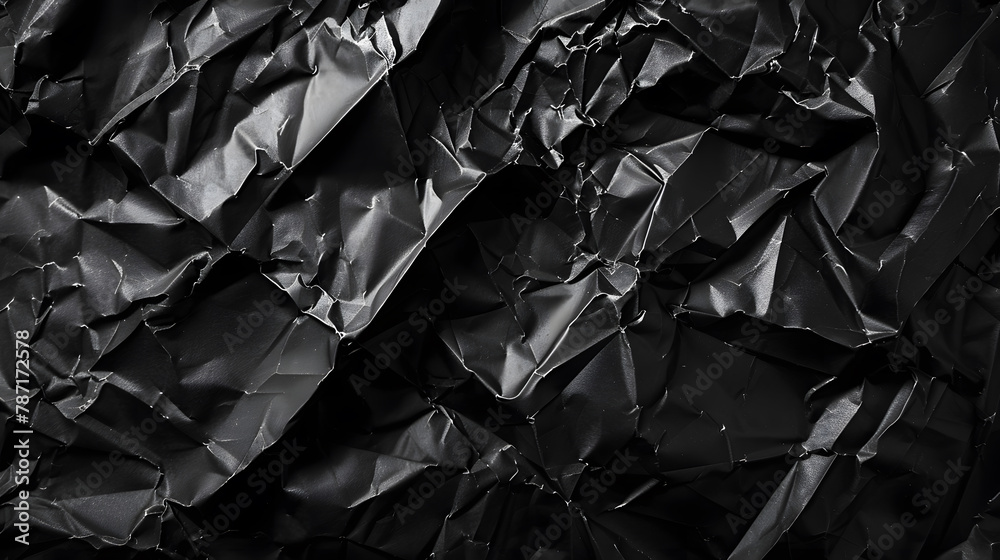 Poster Empty crumpled wet black paper blank texture copy space wall horizontal background : Generative AI