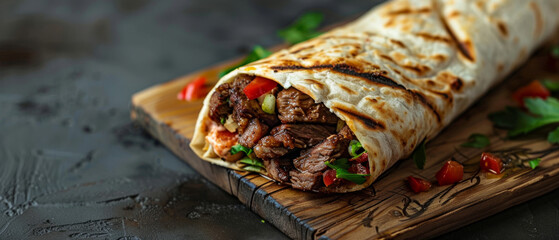 Savory, succulent grilled beef shawarma wrap ready to eat fresh off the grill, served hot and delicious, perfect for a quick and satisfying meal on the go. - obrazy, fototapety, plakaty