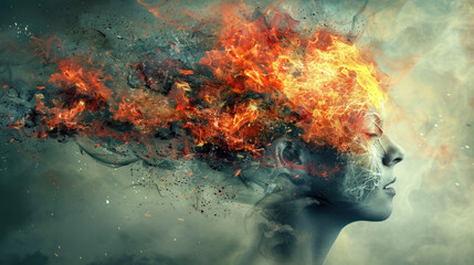 Woman with her head on fire - symbol of headache, stress, mental disease