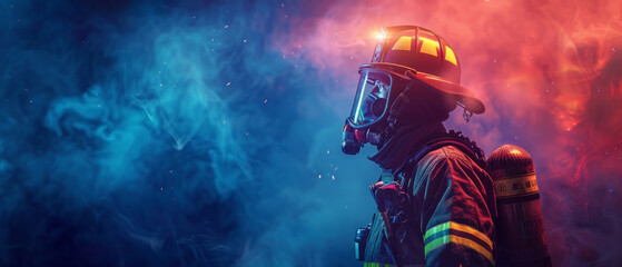 A fireman in full gear, standing in a dark and smoky environment with blue lighting. - obrazy, fototapety, plakaty