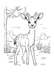 Simple and clean line art of a happy antelope calf in the savannah on white background
