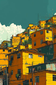Vibrant illustration of a yellow favela community in Rio de Janeiro, Brazil capturing the colorful and lively essence of the urban landscape.