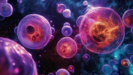 A bunch of colorful cells are floating in space