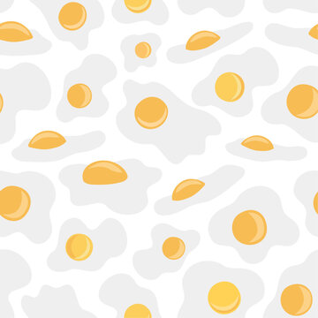 Sunny side up fried eggs with bright yellow yolks isolated on white background vector seamless pattern. Attractive broken eggs surface art design for printing or use in graphic design projects.