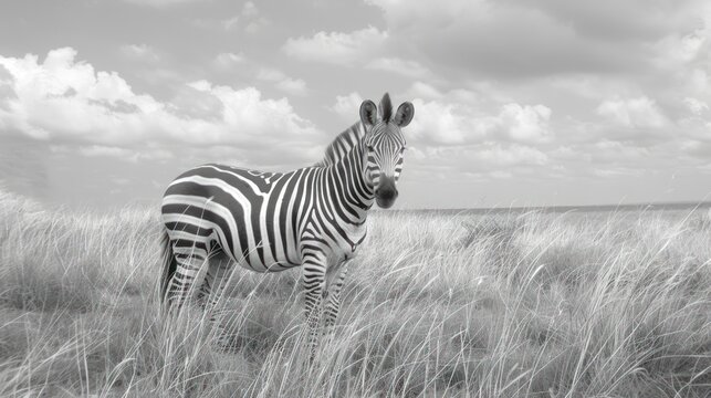 Portrait zebra horse wild animals on the grassland in black white colors. AI generated image