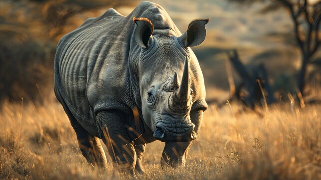 White huge wild rhinoceros standing on the savanna. AI generated image