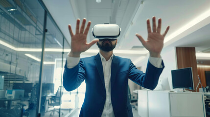 Businessman wearing shirt and suit working while using a VR headset. attractive gesture pose. in office room.