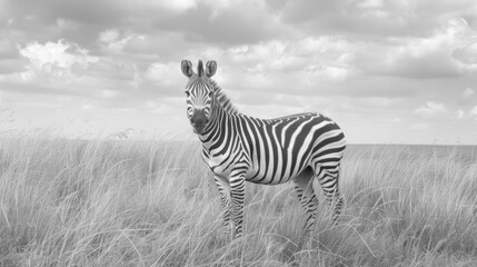 Fototapeta na wymiar Portrait zebra horse wild animals on the grassland in black white colors. AI generated image