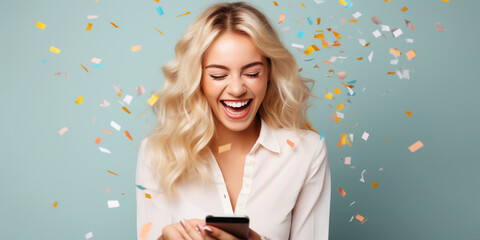 Happy young woman using her smart phone with confetti - Powered by Adobe