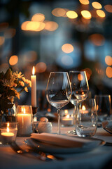 Romantic ambiance created by elegant table setting with candles in a restaurant for a special dinner. Selective focus on the details adds to the intimate atmosphere.