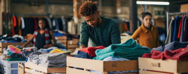 Young people organizing recycled clothes for donation