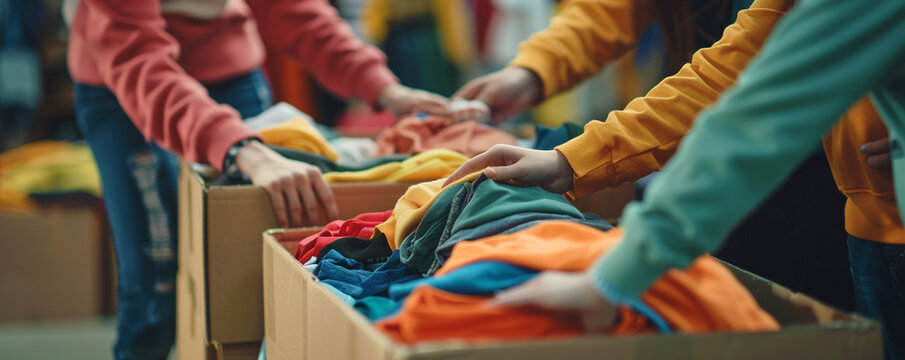 Young people organizing recycled clothes for donation
