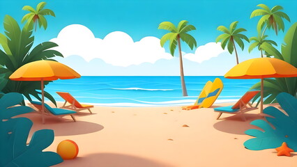 Fototapeta na wymiar Beautiful Beach Scenery, Palm Leaves, Tropical Paradise Cartoon Illustration