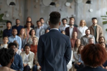 Employees attending corporate business training or seminar. Professional business coach speaking for multiethnic people in modern spacious office interior. Diverse audience, back view from behind