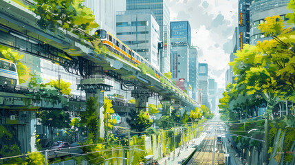Vibrant illustration of a sustainable urban environment with green public transportation and pedestrian-friendly infrastructure. - obrazy, fototapety, plakaty